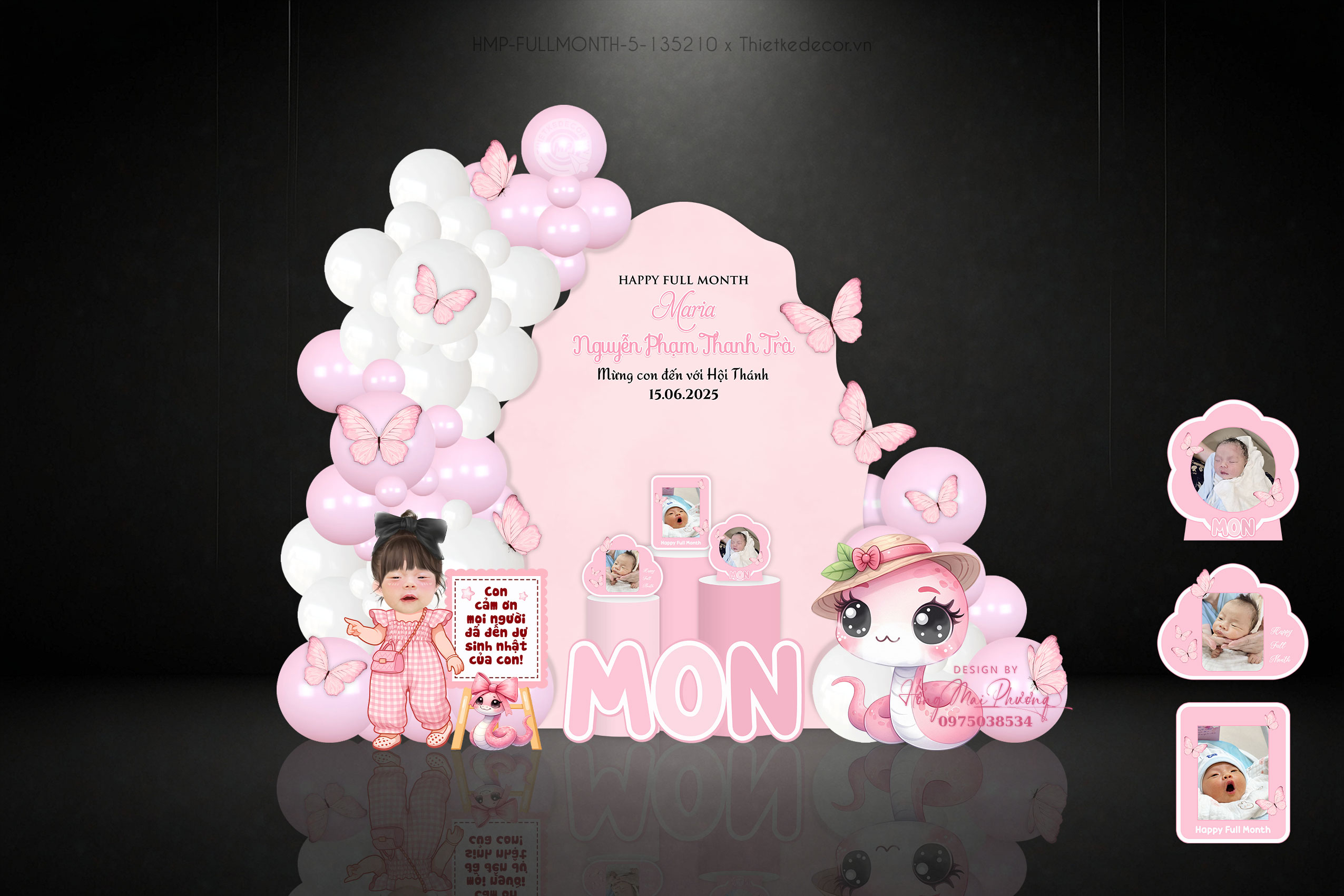 backdrop full month bé gái tone hồng tuổi rắn kèm khung ảnh